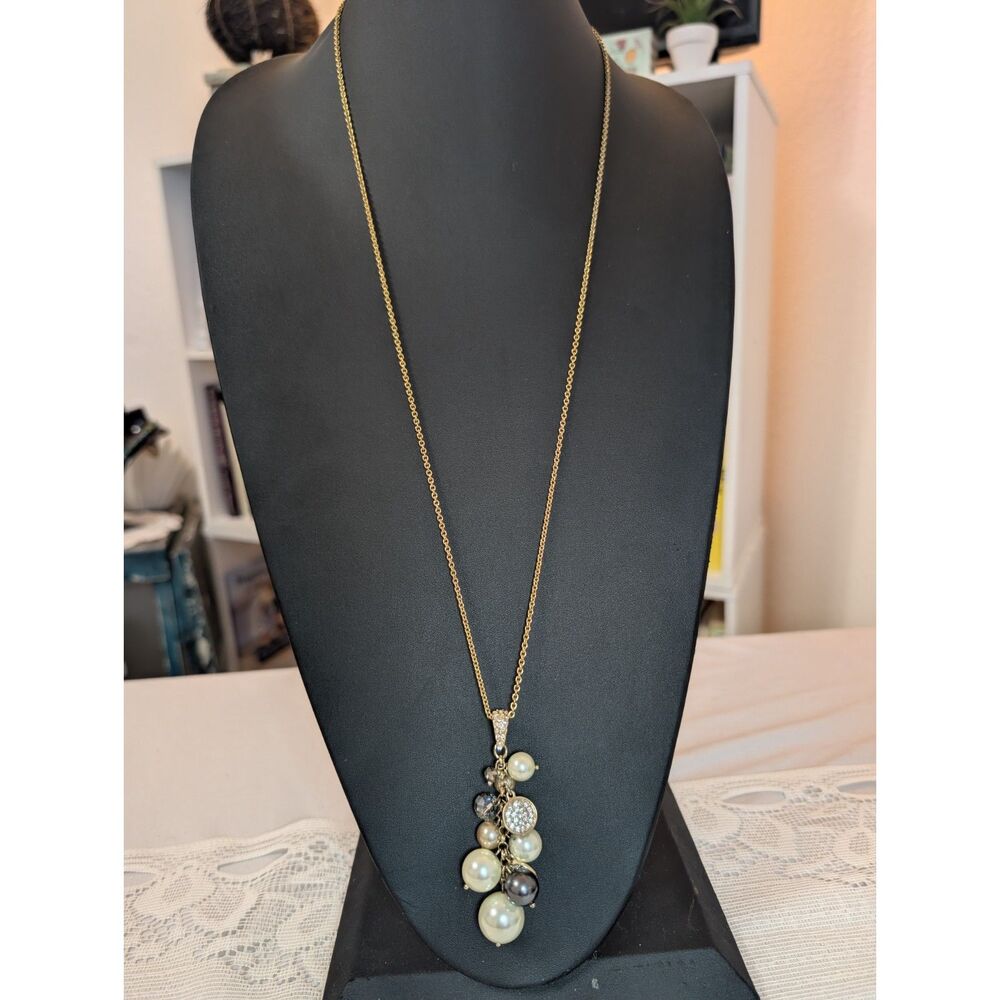Vintage Elegance Gold Cascade Necklace, Mixed Faux Pearl & Rhinestone Cluster